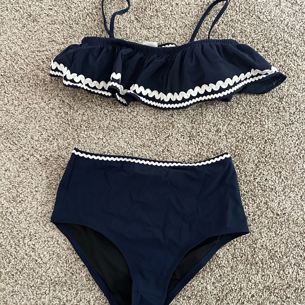 NWOT J Crew Navy and White Ric Rac Pique Womens Bikini XS